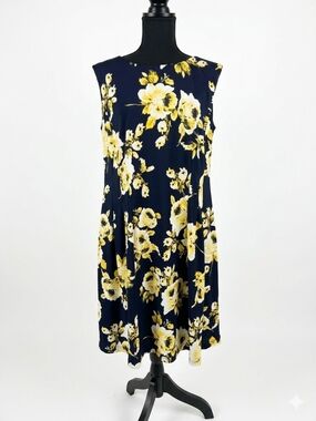 connected apparel Navy Floral Midi Dress with Yellow Blooms